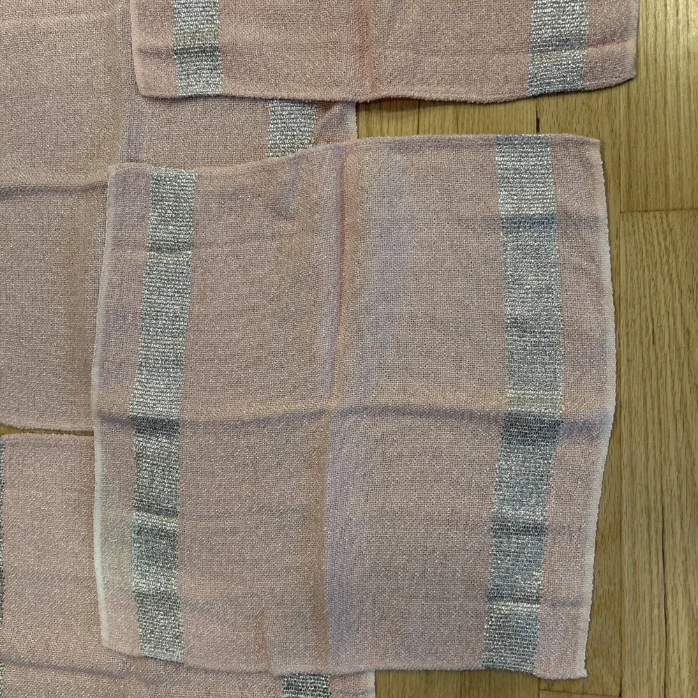 Vintage MCM Pink Woven Tablecloth 11 Napkins Set Metallic Silver Stripe 93x64
